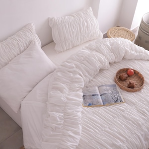 White Ruched Duvet Cover 100% Cotton Percale 200 TC, Boho Wrinkled Bedding Set, Queen King Twin Quilt Cover Gift, Dorm Decor