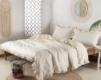Ivory Cotton Duvet Cover | Ruffle Bedding Set | Ruffle Duvet Cover | Shabby Chic Farmhouse Comforter Cover | Cozy Bedding