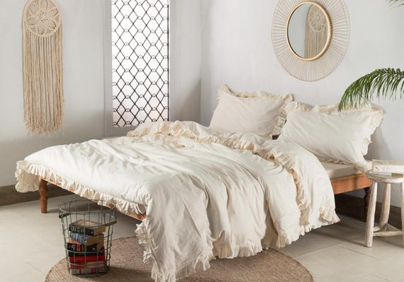 Ivory Cotton Duvet Cover | Ruffle Bedding Set | Ruffle Duvet Cover | Shabby Chic Farmhouse Comforter Cover | Cozy Bedding