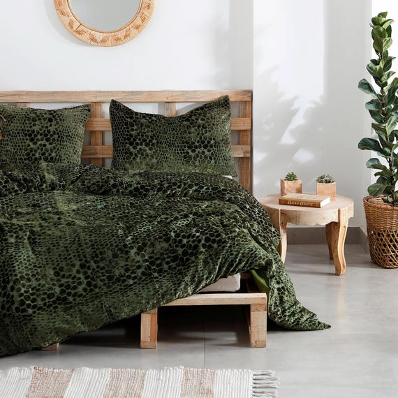 Moss Green Crushed Velvet Damask Duvet Cover, Boho Duvet Cover, Luxury Bohemian Bedding Set, Green Burnout Velvet Comforter Cover