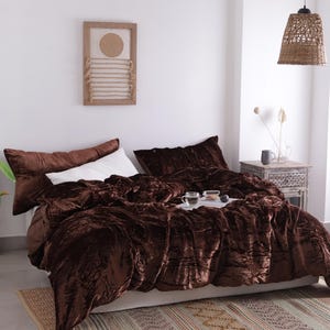 Brown Crushed Velvet Duvet Cover Set, 3 Pc Boho Quilted Bedding, Comforter Cover