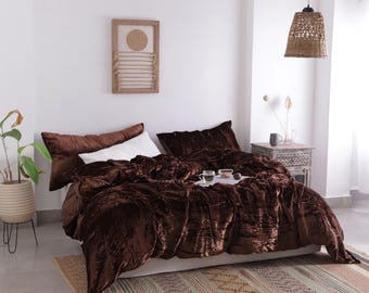 Brown Crushed Velvet Duvet Cover Set, 3 Pc Boho Quilted Bedding, Comforter Cover