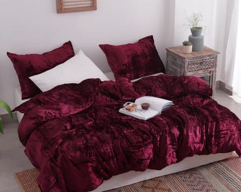 Luxuriöse Wein Rot Samt Bettwäsche Set - Plüsch Schlafzimmer Dekor - Crushed Samt Bettwäsche - Boho Shabby Chic Bettbezug