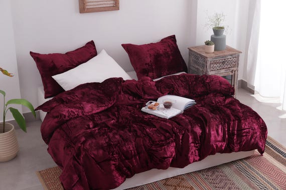Luxurious Wine Red Velvet Duvet Cover Set - Plush Bedroom Decor - Crushed Velvet Bedding - Boho Shabby Chic Duvet Cover