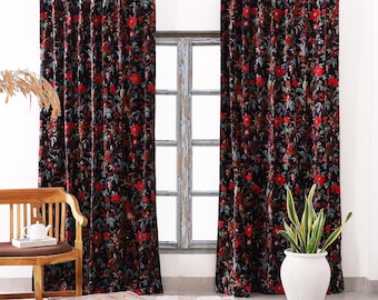 Schwarze Samt Blumenvorhänge | Boho Vintage Vorhänge für Wohnzimmer und Schlafzimmer