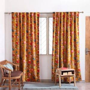 Boho Flower Print Velvet Curtain - Luxury Yellow Velvet Drapes - Blackout Curtains - Living Room Large Curtains - Window Curtains Panels