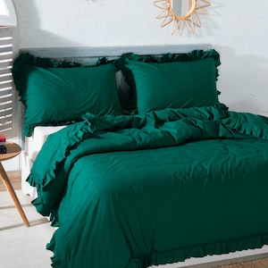 Emerald Green Ruffle Cotton Duvet Cover Set: Farmhouse Bedding
