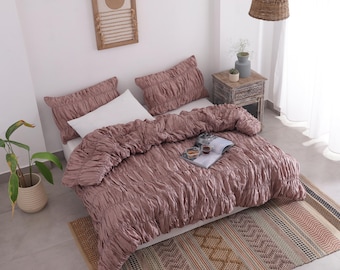 Boho Rose Taupe Cotton Duvet Cover Set - Ruched Wrinkled Comforter Cover - Shabby Chic King Queen Quilt Cover - Dusty Pink Shirred Bedding