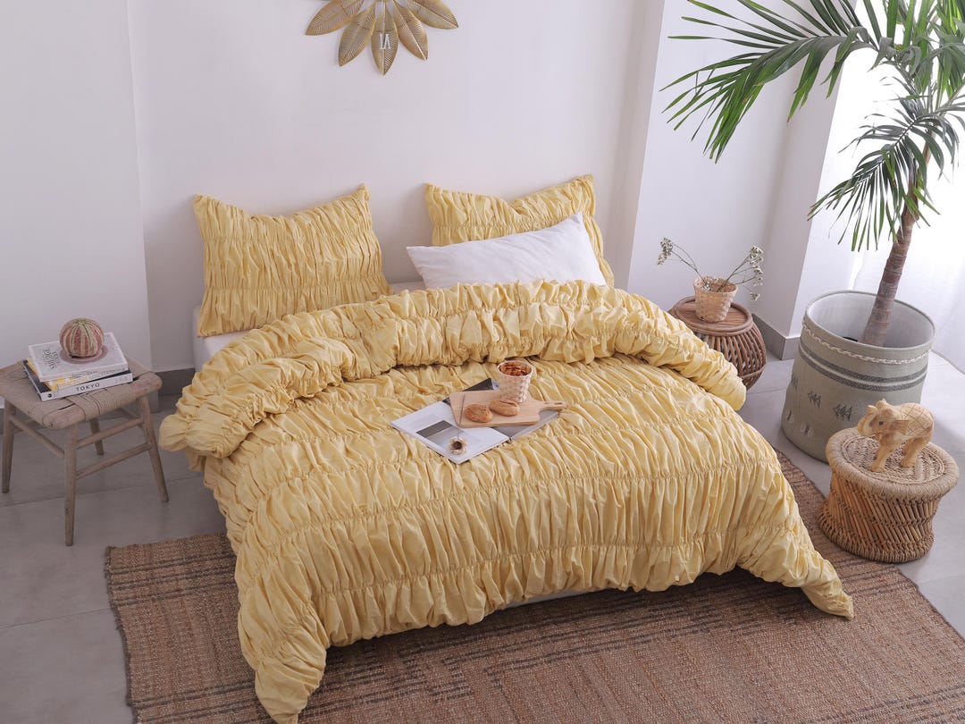 Yellow Ruffled Duvet Cover Set, Shabby Chic Cotton Bedding, Cinched ...