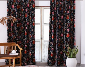 Velvet Curtains, Black Floral Bohemian Window Panels, Custom Drapes for Living Room