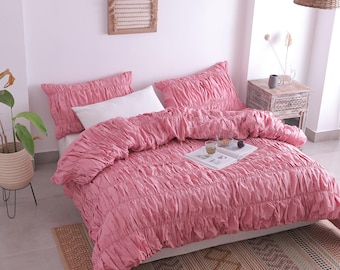 Pink Cotton Duvet Cover Set, Boho Cinched Bedding, Soft Wrinkled Comforter Cover, Shabby Chic Queen King Bed Set, Romantic Bedroom Decor