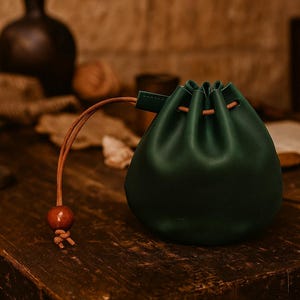 Può includere: Un sacchetto con coulisse in pelle verde scuro con un cordoncino in pelle marrone e una perla di legno rossa. Il sacchetto è appoggiato su un tavolo di legno, con una candela accesa e un vaso scuro sullo sfondo.