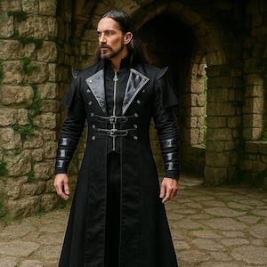 Puede incluir: Un abrigo largo negro con detalles de cuero, hebillas y cuello alto. El abrigo tiene mangas largas con puños de cuero y se usa en un arco de piedra. El abrigo es de estilo gótico.