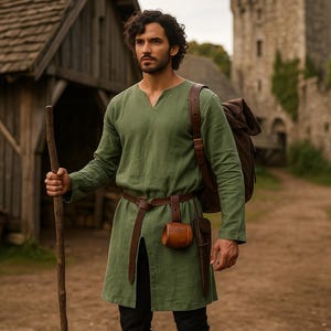 May include: A person in a green tunic with a brown leather belt, shoulder bag, and a wooden cup holder, holding a wooden staff. The background shows wooden buildings and a stone castle, evoking a medieval or historical setting.