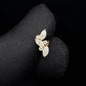 Marquise Moissanite Diamond Leaf Ear Climber in 925 Silver | Five Stone Curved Cartilage Threaded Stud | Helix Conch Piercing Jewelry Gift