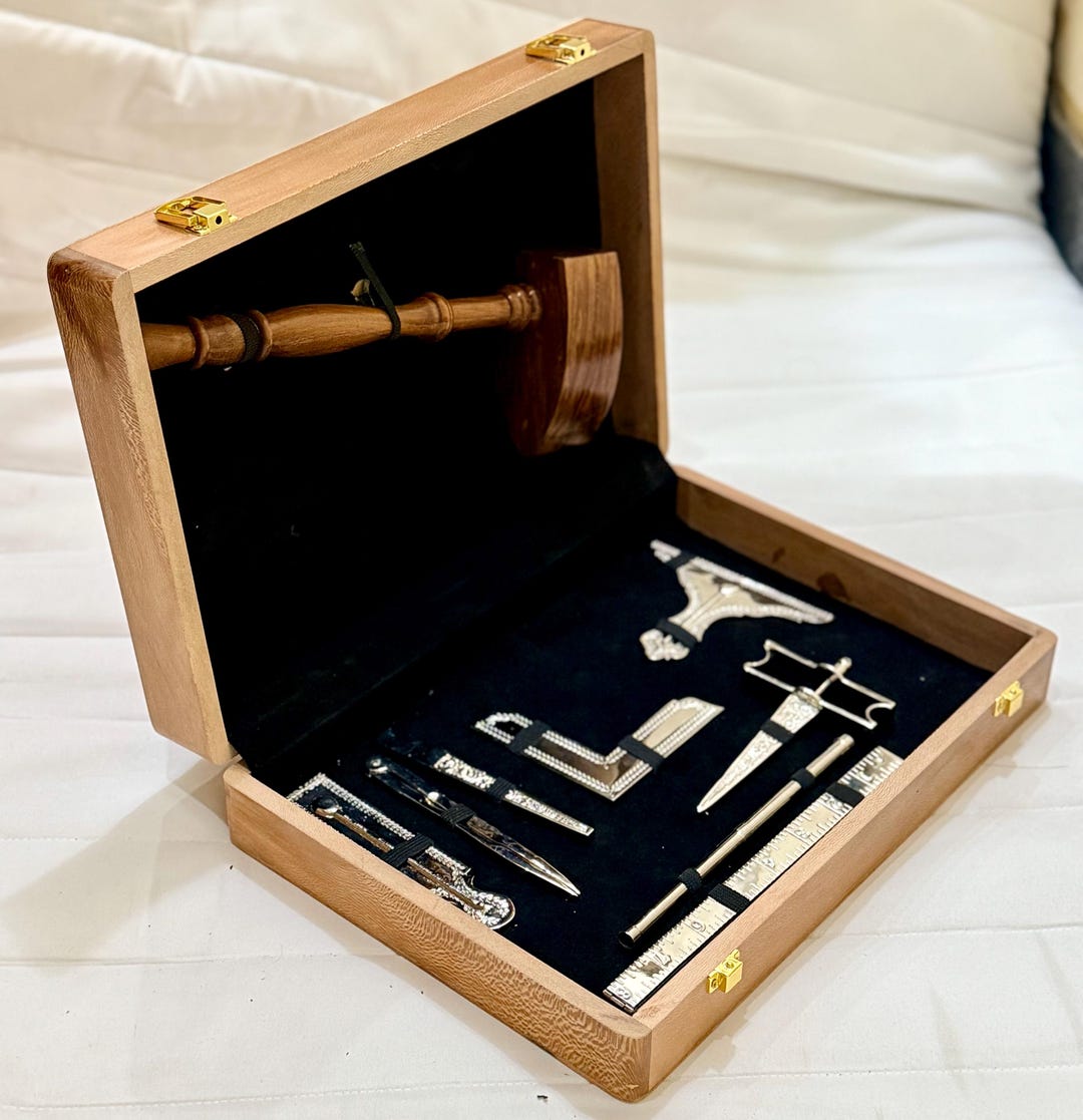 Masonic Standard Working Tools Set Silver Tone Full Size in Wooden Box ...