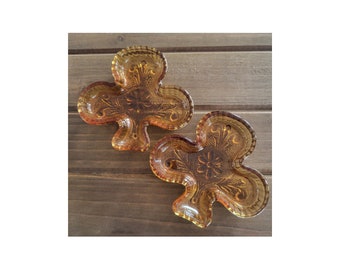 Vintage Indiana Glass Co Tiara Club Amber Embossed Shamrock Clover Ace of Clubs Dish Sandwich Plate Ring Dish
