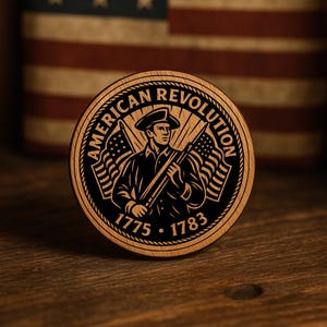 May include: A round wooden coaster with a laser-etched design commemorating the American Revolution. The design features a colonial soldier, flags, and the text "AMERICAN REVOLUTION 1775-1783". The background includes an American flag.