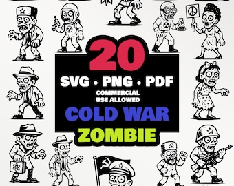 Paquete SVG de zombis de la Guerra Fría / 20 zombis retro de dibujos animados / Ejército Soviético, espía, científico / PNG PDF / Imágenes prediseñadas para sublimación de camisetas, terror