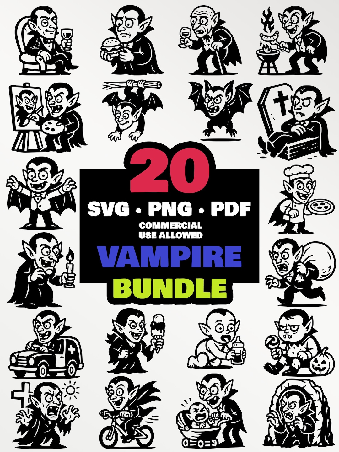 Vampire SVG PNG Bundle | 20 Designs Cartoon Dracula | Fichiers Cricut ...