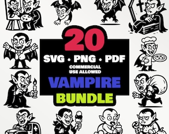 Vampire SVG PNG Bundle | 20 Designs Cartoon Dracula | Fichiers Cricut Silhouette DTF Halloween Goth Humour Horror Monster Blood Sublimation