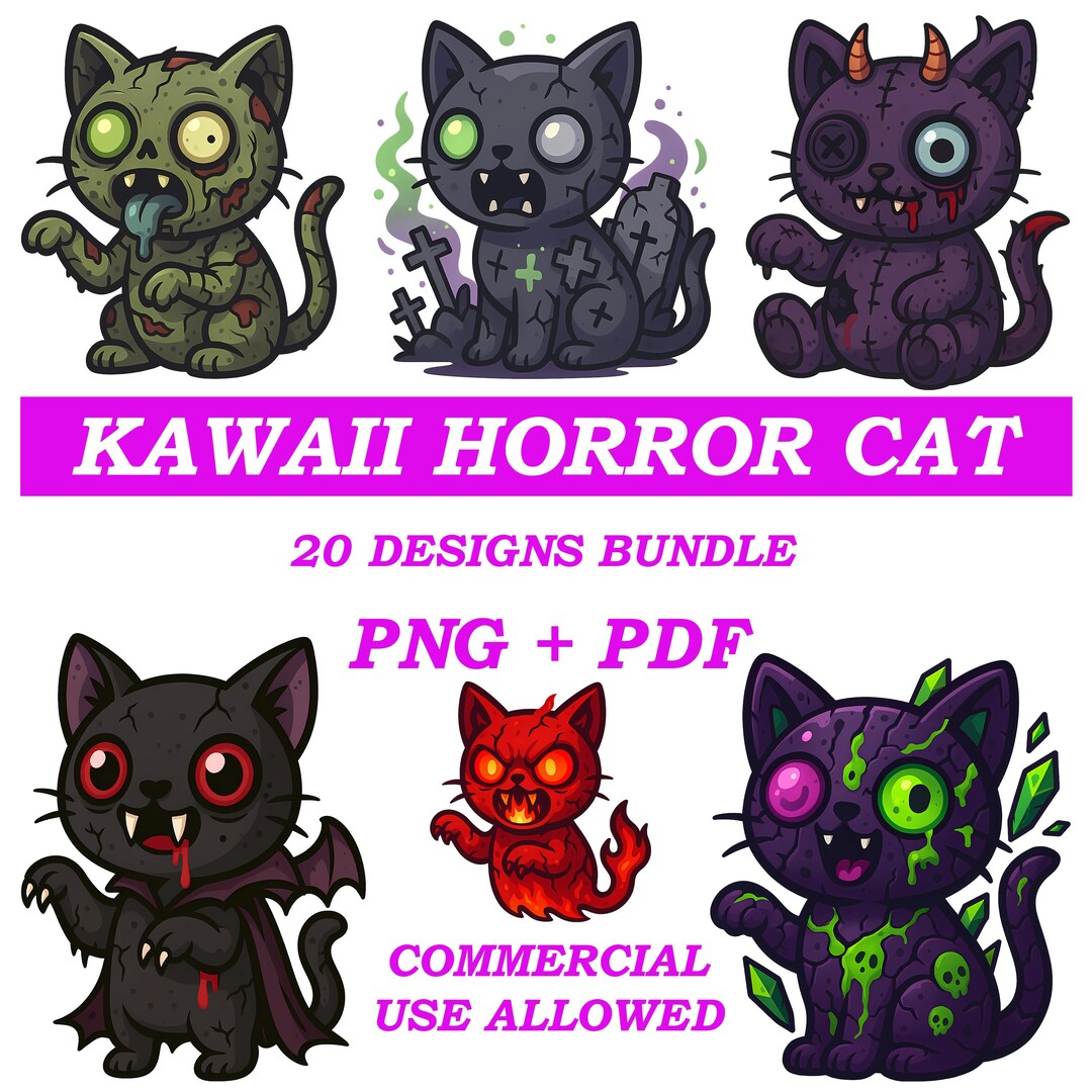 Kawaii Horror Cat Halloween Clipart Bundle | Creepy Cute Zombie Cats ...