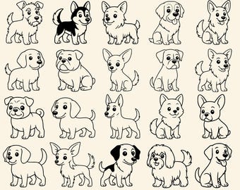 Paquete de imágenes prediseñadas de cachorros SVG y PNG de perros lindos para Cricut, siluetas de perros kawaii, arte vectorial para camisetas, tazas y calcomanías, grabado láser y sublimación.