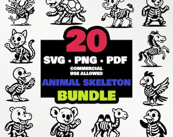 Paquete de esqueletos de animales en formato SVG y PNG / 20 adorables imágenes prediseñadas de huesos de animales de dibujos animados / Archivos digitales PDF para sublimación y grabado láser de animales de Halloween