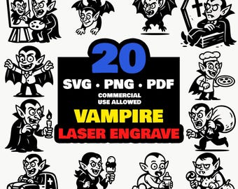 Pakiet SVG z grawerunkiem laserowym wampirów | 20 kreskówkowych klisz Draculi do grawerowania drewna łupkowego, skóry, CNC i plików LightBurn dla Glowforge xTool Omtech