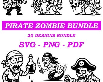 Paquete SVG PNG de piratas y zombis, divertidos clipart de Halloween, dibujos animados de terror, diseño pirata espeluznante para camisetas, tazas, sublimación, Cricut, DTF, grabado