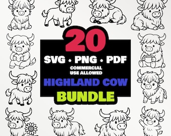 Highland Kuh SVG Bundle | Süße Highland Kühe PNG | Highland Kuh Clipart | Kuh Linie Kunst | Bauernhof Tier SVG | Cricut | Kawaii Kuh