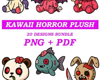 Paquete de imágenes prediseñadas de Halloween de peluche de terror kawaii / Paquete de imágenes PNG DTF espeluznantes / Descarga digital kawaii espeluznante / Pegatina de camiseta con silueta de Cricut