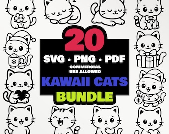 20 Kawaii Katzen SVG Bundle | Süße Katze Clipart PNG PDF | Laser Cut Dateien, Cricut, Süße Tiere, Kommerzielle Nutzung