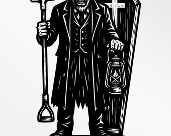 Gothic Gravedigger Laser Cut File | Halloween Horror Design (SVG, PNG, PDF)