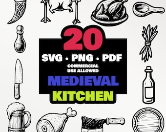 Paquete SVG de cocina medieval / Diseños de cocina vintage (PNG, PDF)