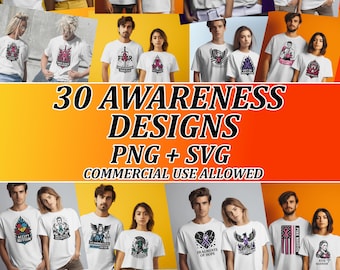 Paquete de 30 SVG PNG de concienciación para camisetas, tazas y bolsas (uso comercial). Cintas de salud mental, cáncer y autismo. Diseños de sublimación DTF.