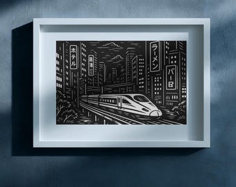 Japanischer Shinkansen SVG - Nachtstadt Zug Linie Kunst, Japan Eisenbahn PNG, Holzschnitt Stil Landschaft, Laser Gravur, Cricut Cut Datei, Wandkunst