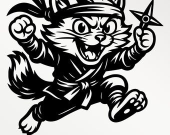Ninja Cat SVG PNG PDF | Cute Ninja Cat Clipart | Samurai Cat Illustration | Black and White Animal Warrior | Laser Cut, Wall Art, T-Shirt