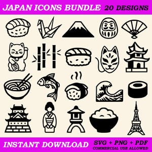 Japan Icons SVG & PNG Digital Art Bundle - 20 Designs zum Schneiden, Drucken, Lasern, DIY-Projekte