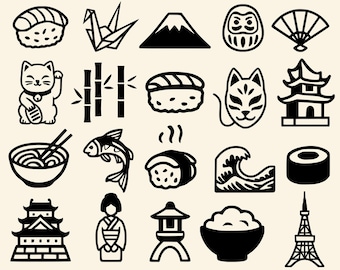 Paquete de arte digital SVG y PNG de íconos japoneses: 20 diseños para cortar, imprimir, usar láser y proyectos de bricolaje