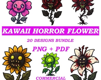 Paquete de imágenes prediseñadas de Halloween con flores de terror kawaii / Paquete de imágenes PNG espeluznantes y adorables / Descarga digital kawaii espeluznante / Pegatina para camiseta Cricut DTF