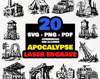 Pacote de SVGs para gravação a laser com tema apocalíptico: 20 edifícios e veículos pós-apocalípticos para Glowforge, xTool, Omtech, Engrave em madeira, ardósia e couro, LightBurn.