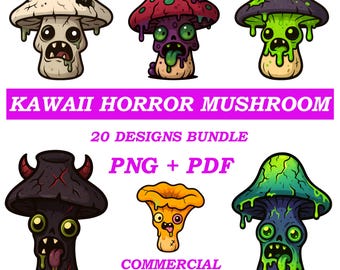 Paquete PNG de hongos de terror kawaii para Halloween / Clipart espeluznante, lindo y espeluznante para Cricut, silueta, sublimación, DTF, camisetas, tazas, arte