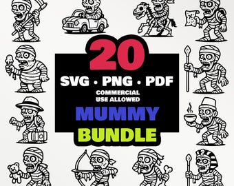 Paquete de SVG y PNG de momia, divertidos clipart de Halloween, dibujos animados de terror, diseño de momia espeluznante para camisetas, tazas, sublimación, DTF, Cricut, grabado láser
