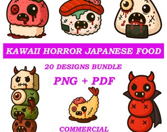 Paquete de imágenes prediseñadas de Halloween de comida japonesa de terror kawaii / Paquete de imágenes PNG espeluznantes y adorables / Kawaii espeluznante / Silueta de Cricut para camisetas, tazas y calcomanías, DTF