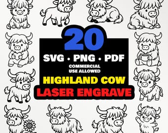Highland Cow SVG Bundle – 20 Cute Highland Cows for Laser Engraving | Farm Animal PNG PDF | Glowforge cnc Commercial Use