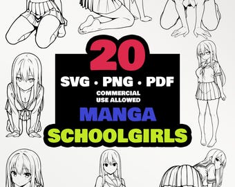 20 mangowych uczennic – pakiet uroczych rysunków dziewczyn z anime | SVG PNG PDF | Postacie z mangi Kawaii | Pobieranie cyfrowe naklejek i materiałów do rękodzieła