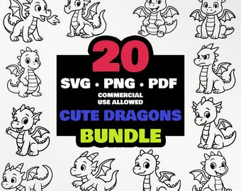 Dragones lindos SVG + PNG: diseños para corte, impresión, láser, circuitos de imágenes prediseñadas y siluetas, sublimación, camisetas, DTF, pegatinas y arte digital.