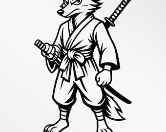 Shinobi Fox SVG PNG PDF | Ninja Fox Samurai Clipart | Black & White Warrior Animal Illustration | Wall Art, T-Shirt Design, Laser Engraving