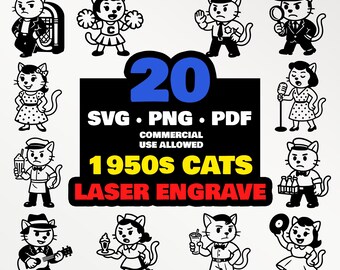 50er Jahre Retro Katze Laser Gravur Bundle • SVG PNG PDF Clipart